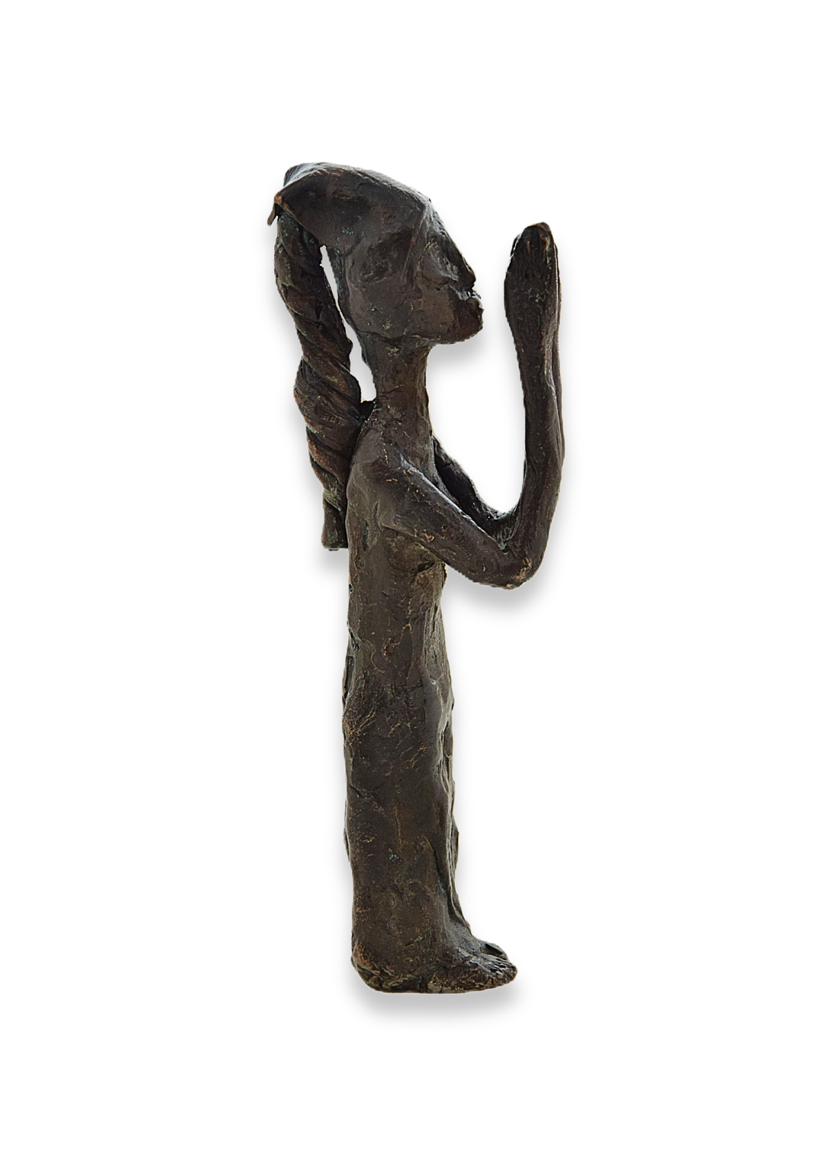 Bronzeskulptur. Frau mit gefalteten Händen. Hingabe.