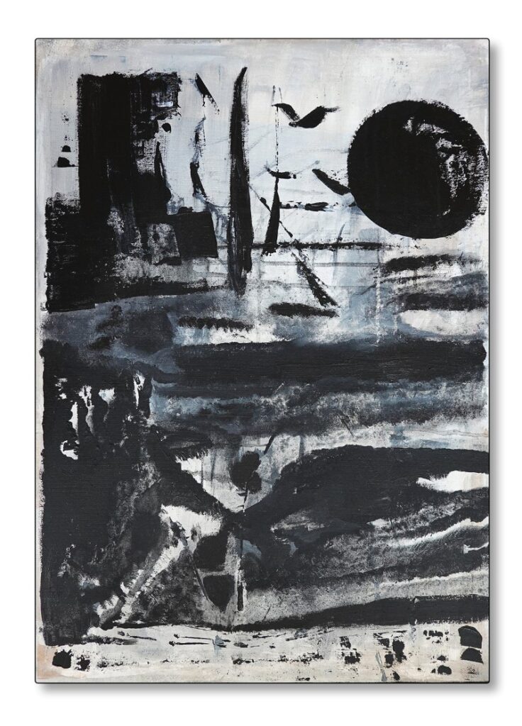 Abstraktes Schwarz-Weiß-Gemälde mit dem Titel Night, das eine schwarze Sonne über einer expressiven, düsteren Landschaftsstruktur zeigt.