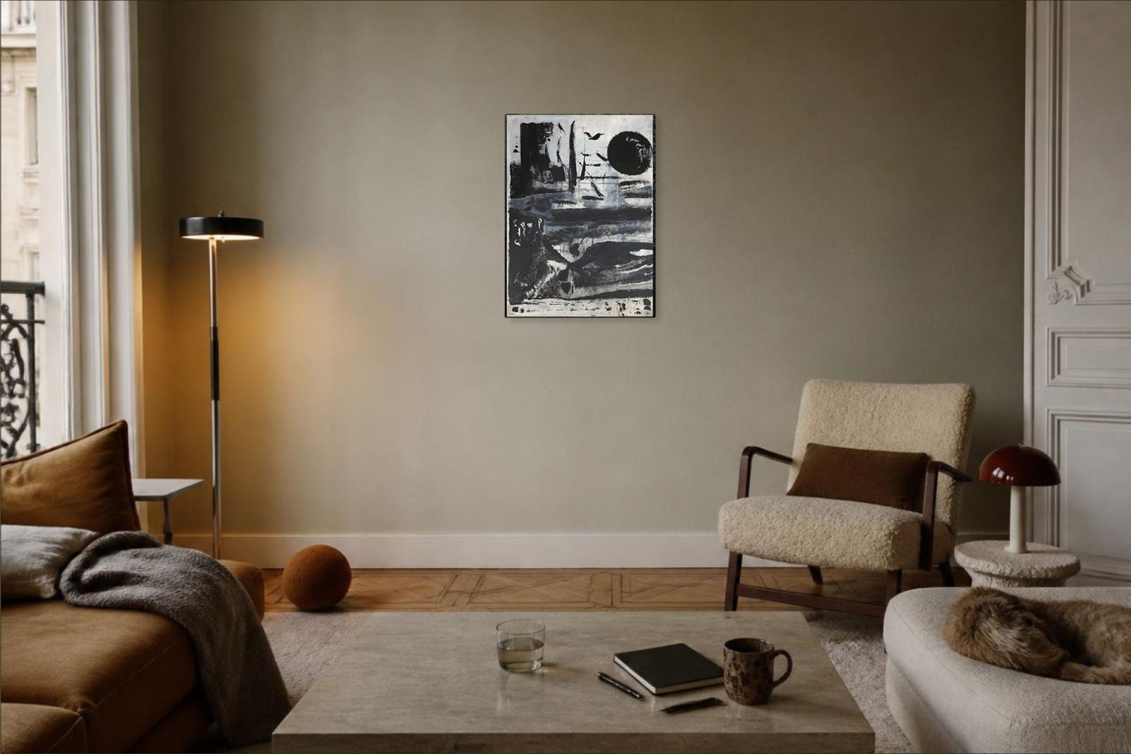 Abstraktes Schwarz-Weiß-Bild Night von Kathleen Sandböck als Statement-Kunstwerk in einem modernen Interior.